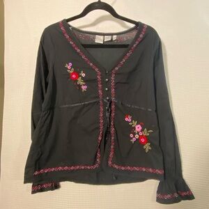 Quizzi Y2K Boho Embroidered Sheer Blouse Black Floral Button Top Women's